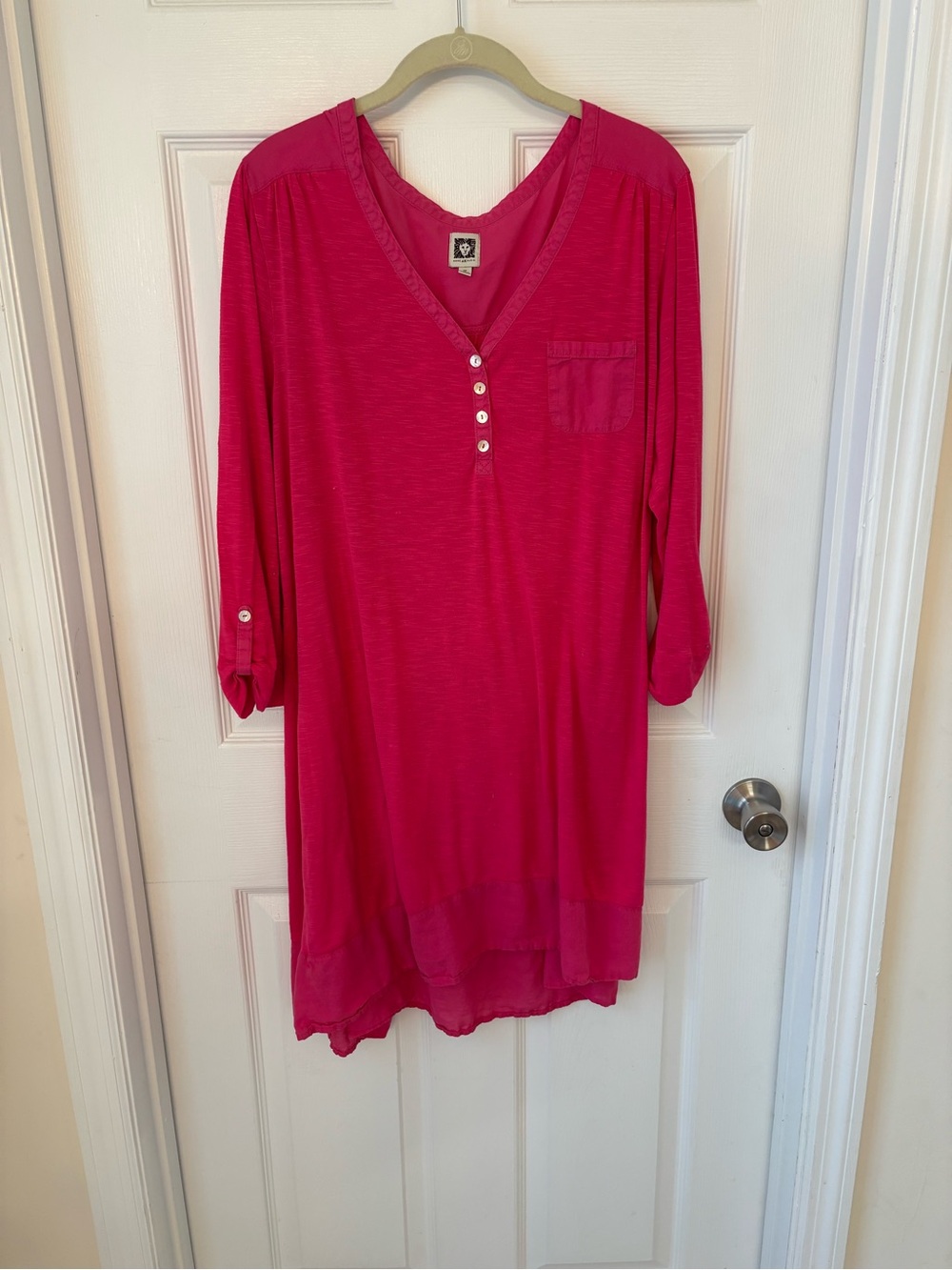 Anne Klein Bright Pink V-Neck Roll-Sleeve Tunic